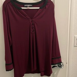 Karl Lagerfeld women’s XL wine-colored blouse with black piping trim.